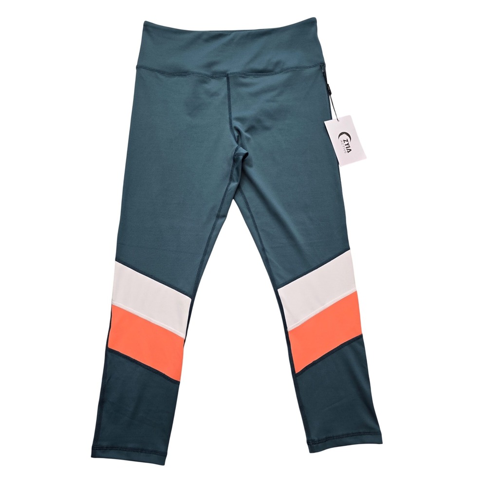 Zyia Active Color Block Crop Leggings Teal Orange‎ White High Rise Womens Small